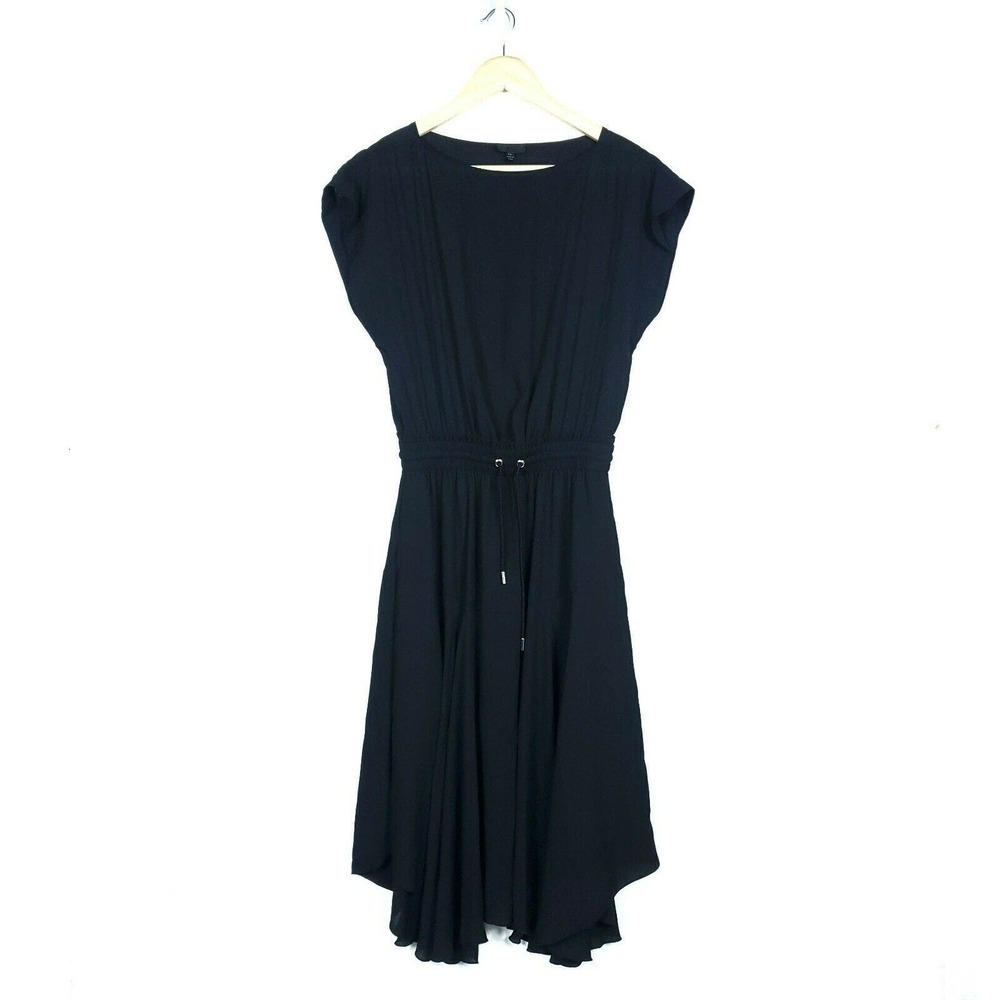 ATM Womens Dress Small Black Cap Sleeve Drawstring Waist Asymmetrical Hem Mini